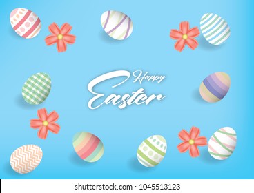 Happy Easter background template with colorful Easter eggs and beautiful flower and blue background. Vector illustration.