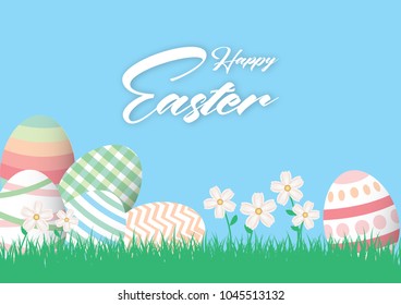 Happy Easter background template with colorful Easter eggs and beautiful flower and blue background. Vector illustration.