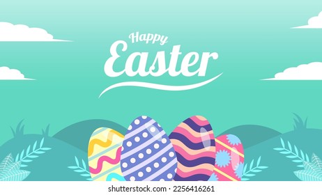 Happy Easter Background Template With Easter Egg and Leaf. Suitable for your Design, Invitation, Poster, Banner, Wallpaper, Postcard, Brochure, Social Media Template. Vector Illustration