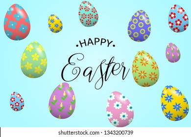 Happy Easter background template with lettering and colorful Easter eggs. Vector illustration.