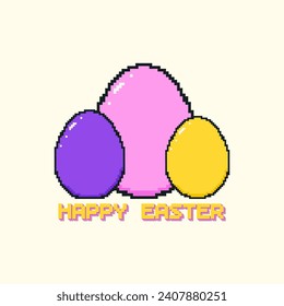 Happy Easter background template with pixel art eggs in an 8-bit retro game style. Vector illustration