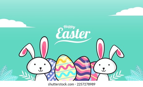 Happy Easter Background Template With Rabbits, Egg and Leaf. Suitable for your Design, Invitation, Poster, Banner, Wallpaper, Postcard, Brochure, Social Media Template. Vector Illustration