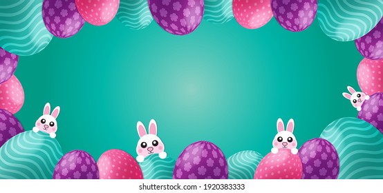 Happy Easter background template with realistic egg and white rabbit. Vector background with ocean color. Background with holiday theme
