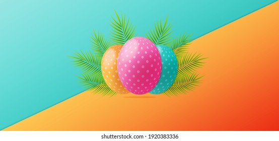 Happy Easter background template with realistic egg and green nature. Vector background with blue and orange color. Background with holiday theme