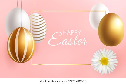 Happy Easter background template with soft pink coral background, shiny golden frame, nice inscription, decorative white and gold eggs and awesome camomile. Greeting vector design.
