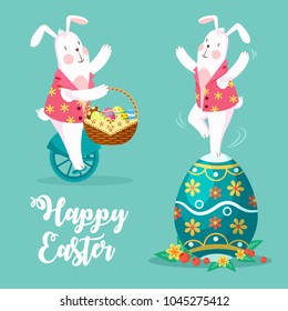 Happy Easter background template with  white rabbit with a basket of bicycles. Vector illustration