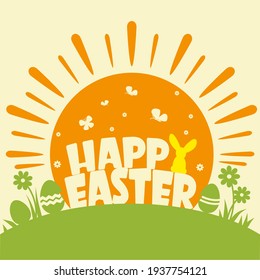 Happy easter background with text and sun and traditional decoration silhouette. Happy Easter calligraphic lettering with eggs and green flowers. Vector illustration for greeting card background