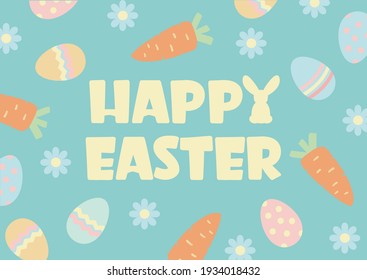 Happy easter background with text and traditional decoration. Happy Easter calligraphic lettering with eggs and carrots. Vector tender color illustration for greeting card background