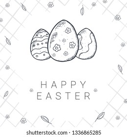 Happy Easter background with traditional sketches decorations. Easter greeting with colored eggs, rabbit