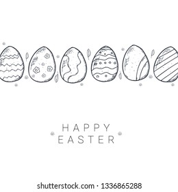 Happy Easter background with traditional sketches decorations. Easter greeting with colored eggs, rabbit