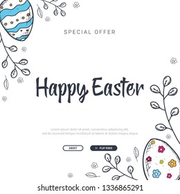 Happy Easter background with traditional sketches decorations. Easter greeting with colored eggs, rabbit