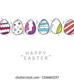 Happy Easter background with traditional sketches decorations. Easter greeting with colored eggs, rabbit