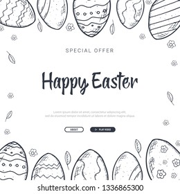 Happy Easter background with traditional sketches decorations. Easter greeting with colored eggs, rabbit