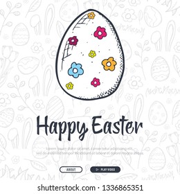 Happy Easter background with traditional sketches decorations. Easter greeting with colored eggs, rabbit