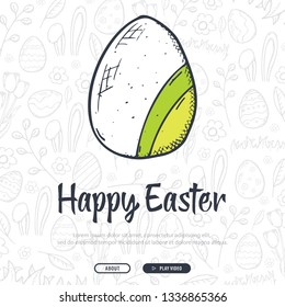 Happy Easter background with traditional sketches decorations. Easter greeting with colored eggs, rabbit