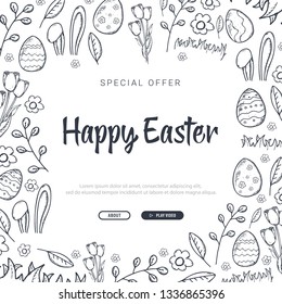 Happy Easter background with traditional sketches decorations. Easter greeting with colored eggs, rabbit