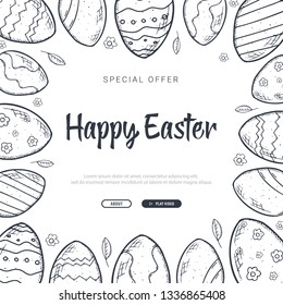 Happy Easter background with traditional sketches decorations. Easter greeting with colored eggs, rabbit