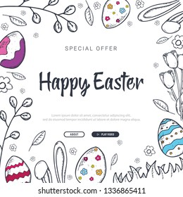 Happy Easter background with traditional sketches decorations. Easter greeting with colored eggs, rabbit