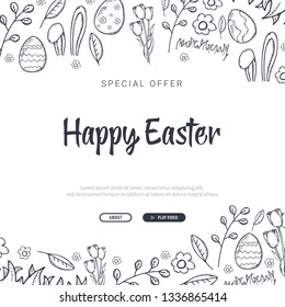 Happy Easter background with traditional sketches decorations. Easter greeting with colored eggs, rabbit