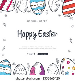 Happy Easter background with traditional sketches decorations. Easter greeting with colored eggs, rabbit
