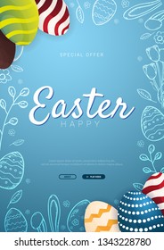 Happy Easter background with traditional sketches decorations. Easter greeting with colored eggs, rabbit