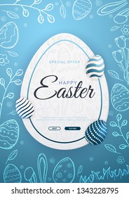 Happy Easter background with traditional sketches decorations. Easter greeting with colored eggs, rabbit