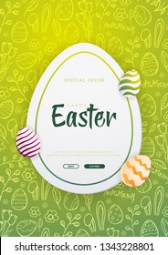 Happy Easter background with traditional sketches decorations. Easter greeting with colored eggs, rabbit