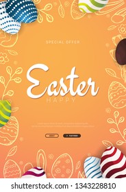 Happy Easter background with traditional sketches decorations. Easter greeting with colored eggs, rabbit