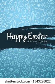 Happy Easter background with traditional sketches decorations. Easter greeting with colored eggs, rabbit