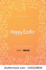 Happy Easter background with traditional sketches decorations. Easter greeting with colored eggs, rabbit