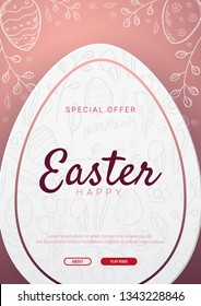 Happy Easter background with traditional sketches decorations. Easter greeting with colored eggs, rabbit