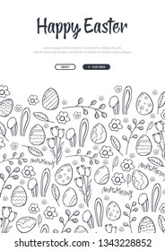 Happy Easter background with traditional sketches decorations. Easter greeting with colored eggs, rabbit