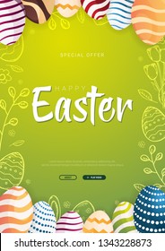 Happy Easter background with traditional sketches decorations. Easter greeting with colored eggs, rabbit