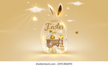 Happy Easter background with transparent eggs with interior elements such as golden eggs, baskets, bunnies, gift boxes and ribbons decorated with clouds and glowing lights effects.