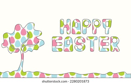 Happy Easter background. Easter tree and text in a pattern of Easter eggs. Festive unusual banner in pastel colors