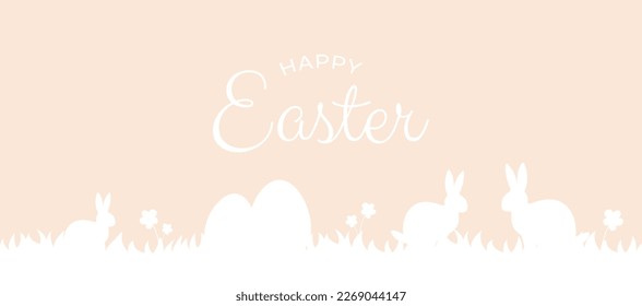Happy Easter background. Trendy Easter design with typography, eggs, bunny ears, in pastel colors. Modern minimal style. Horizontal poster, greeting card, header for website
