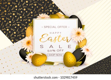 Happy Easter background, trendy pattern with Egg Hunt, rabbit ears. Spring holiday flyers, banners, posters and templates design. Vector illustration.