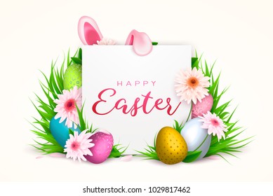 Happy Easter background, trendy pattern with Egg Hunt, rabbit ears. Spring holiday flyers, banners, posters and templates design. Vector illustration.
