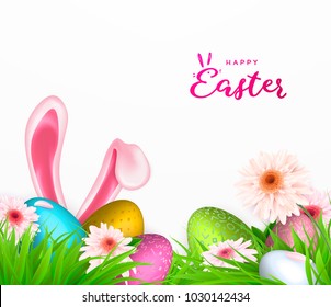 Happy Easter background, trendy pattern with Egg Hunt, rabbit ears. Spring holiday flyers, banners, posters and templates design. Vector illustration.