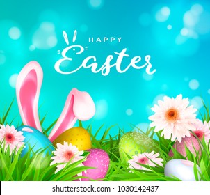 Happy Easter background, trendy pattern with Egg Hunt, rabbit ears. Spring holiday flyers, banners, posters and templates design. Vector illustration.