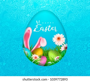 Happy Easter background, trendy pattern with Egg Hunt, rabbit ears. Spring holiday flyers, banners, posters and templates design. Vector illustration.