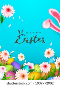 Happy Easter background, trendy pattern with Egg Hunt, rabbit ears. Spring holiday flyers, banners, posters and templates design. Vector illustration.