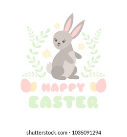 Happy Easter background vector. Cute illustration with funny bunny for kids egg hunt party invitation or poster. Sweet spring illustration design for banner, flyer, greeting card.