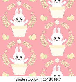 Happy Easter background vector. Cute seamless pattern with funny bunny in basket for kids egg hunt party. Sweet design for gift wrapping paper, poster, banner, flyer, greeting card, invitation.