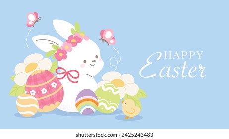 Vector de fondo de Pascua feliz. Dibujado a mano conejos blancos lindos y esponjosos, huevos de Pascua, pollo, flores, rama de hoja, mariposa. Diseño adorable del doodle para decorativo, tarjeta, niños, bandera, cartel.