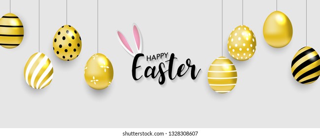 Happy Easter background. Vector illustration. golden shine decorated eggs