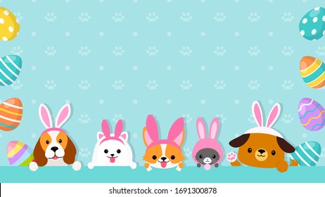 Happy Easter Background Vector illustration. Cute pets wearing bunny costumes with easter eggs frame on blue paw pattern background