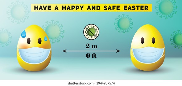 Happy Easter background vector illustration. Easter eggs social distancing vector. Eggs with medical mask.