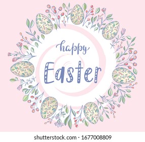 Happy easter. Background with wreath of painted eggs and plants