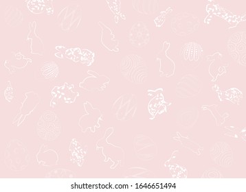 Happy Easter background, wreath-frame. Background with  rabbits and eggs. Easter banner with doodle eggs. Background with spring plants.